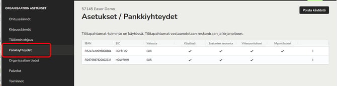 FI AR - Asetukset - Pankkiyhteydet - Tilit