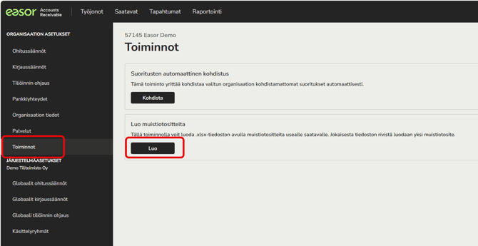 FI AR - Asetukset - Toiminnot - Luo muistiotositteita