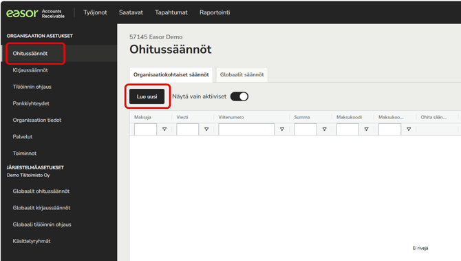 FI AR - Asetukset -Ohitussäännöt - Luo uusi