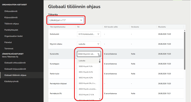 FI AR - Asetukset Globaali tiliöinnin ohjaus - Valitse tilikartta ja tili