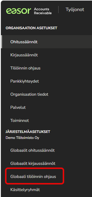 FI AR - Asetukset menu - Globaali tiliöinnin ohjaus