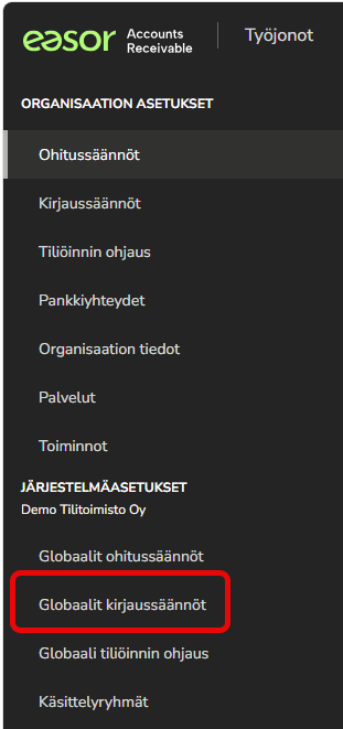FI AR - Asetukset menu - Globaalit kirjaussäännöt