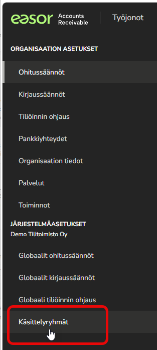 FI AR - Asetukset menu - Käsittelyryhmät