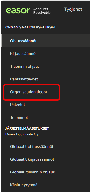 FI AR - Asetukset menu - Organisaation tiedot