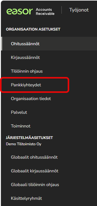 FI AR - Asetukset menu - Pankkiyhteydet