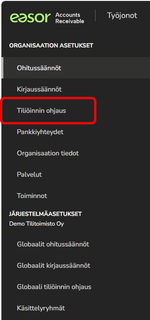 FI AR - Asetukset menu - Tiliöinnin ohjaus