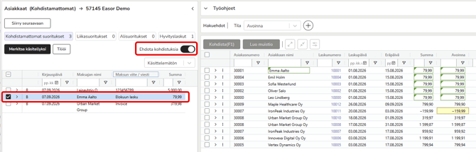 FI AR - Saatavat - Työjono - Kohdistamattomat suoritukset - Ehdota kohdistuksia