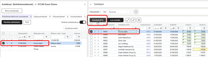 FI AR - Saatavat - Työjono - Kohdistamattomat suoritukset - Kohdista