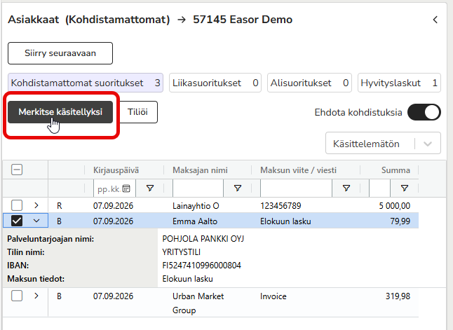 FI AR - Saatavat - Työjono - Kohdistamattomat suoritukset - Merkitse käsitellyksi