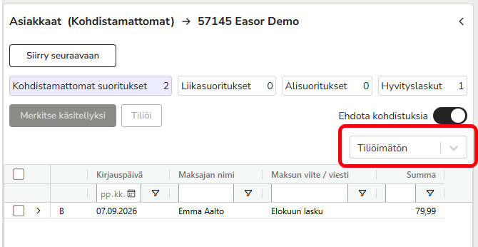 FI AR - Saatavat - Työjono - Kohdistamattomat suoritukset - Tiliöimättömät suoritukset