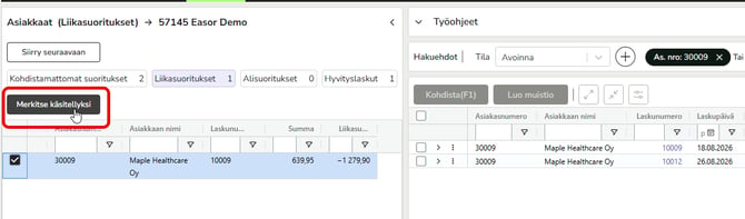 FI AR - Saatavat - Työjono - Liikasuoritukset - Merkitse käsitellyksi