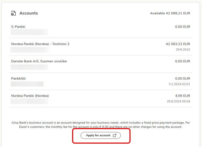 EN Easor App - Bank accounts - Apply for Alisa button