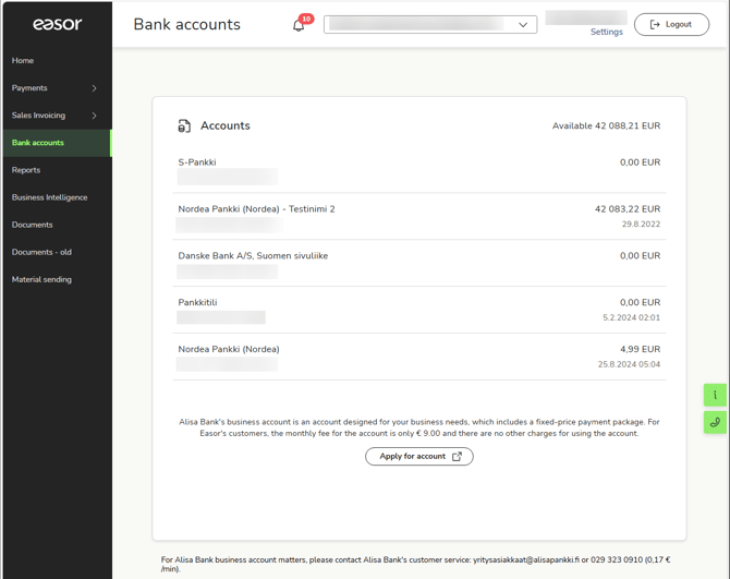 EN Easor App - Bank accounts - Main