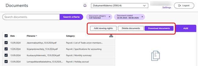 EN Documents - Archive - Add Delete Download buttons