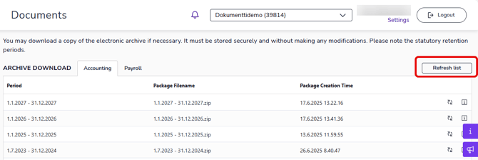EN Documents - Download archive - Create downloadable material - Refresh list