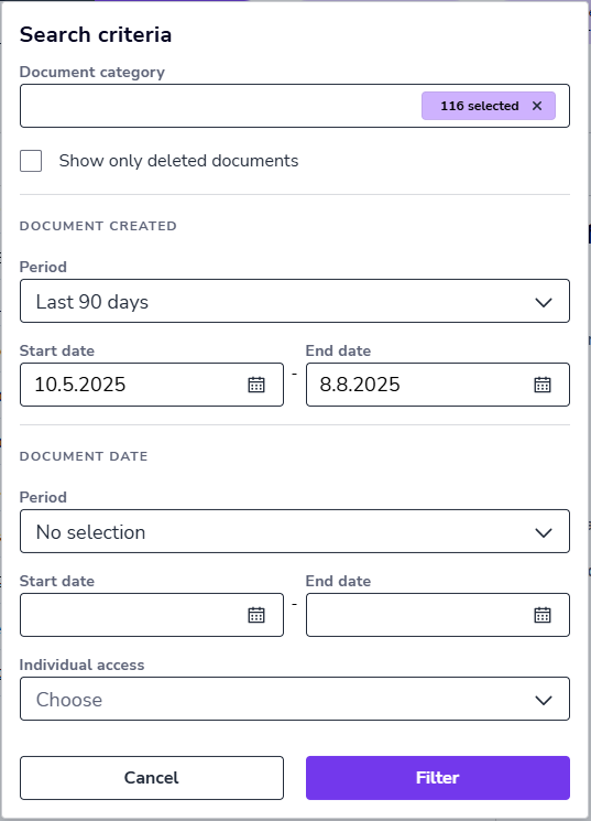 EN Documents - Search criteria dialog