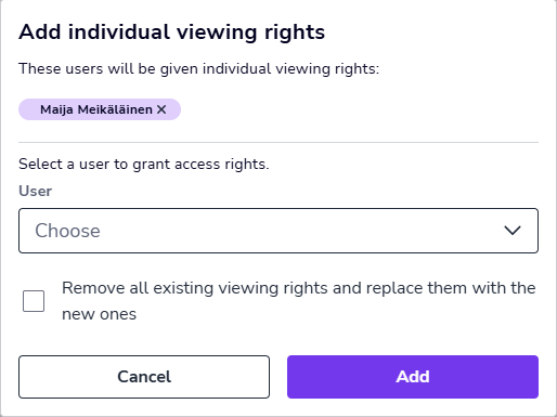 EN Documents - Unarchived documents - Add individual viewing rights dialog