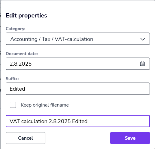 EN Documents - Unarchived documents - Edit properties dialog