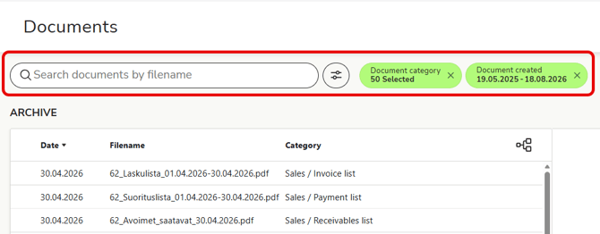 EN Easor App - Documents - Archive - Search field