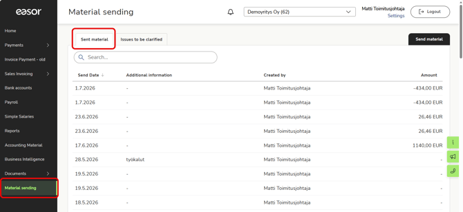 EN Easor App - Material sending - Sent material