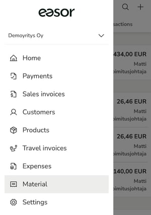 EN Easor App mobile - Main menu - Material