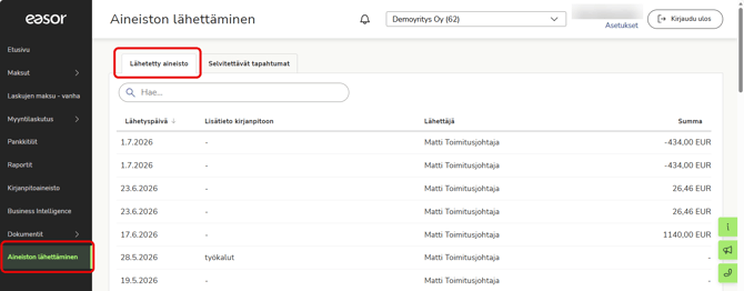 FI Easor App - Aineiston lähettäminen - Lähetetty aineisto