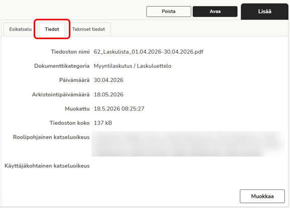 Dokumentin Tiedot-välilehti, josta näkee mm. dokumentin katseluoikeudet.