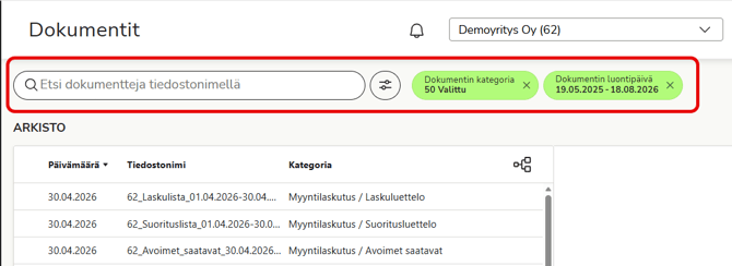 Dokumentit-palvelun Arkisto-näkymä, jossa korostettuna hakukenttä ja hakuehdot