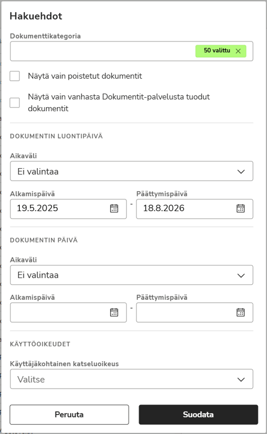 Dokumentit-palvelun Hakuehdot-dialogi, jossa voi määritellä hakuehtoja dokumentille