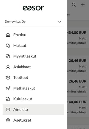 FI Easor App mobiili - Päävalikko - Aineisto
