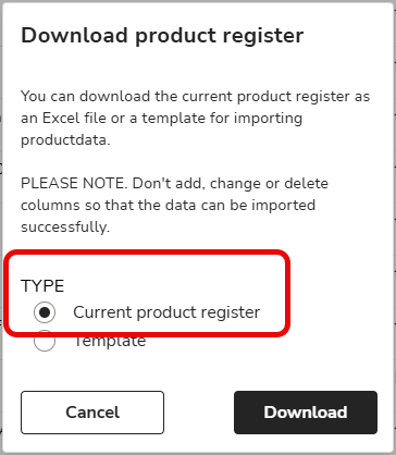 EN Download product register - Type current