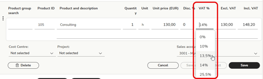EN Sales invoices - Recurring invoices - Invoice template - Product row - New VAT
