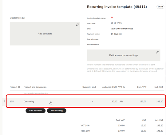EN Sales invoices - Recurring invoices - Invoice template - Product row