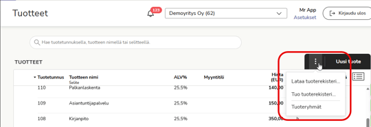 FI Asiakkaat - Lataa tuoterekisteri valikko