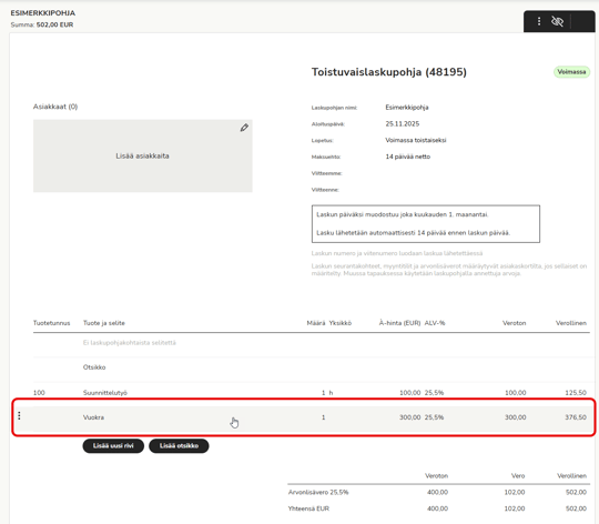 FI Toistuvaislaskutus - Laskupohja tuoterivi valittuna