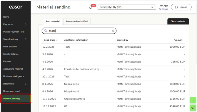 EN Easor App - Main menu - Material sending
