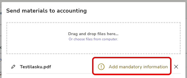 EN Easor App - Material sending - Send material - Add mandatory information button