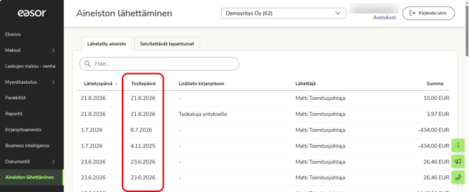 FI Easor App - Aineiston lähettäminen - Tositepäivä