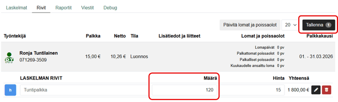 FI Pro Palkat - Palkkalaskelma - Syötä tunnit ja Tallenna
