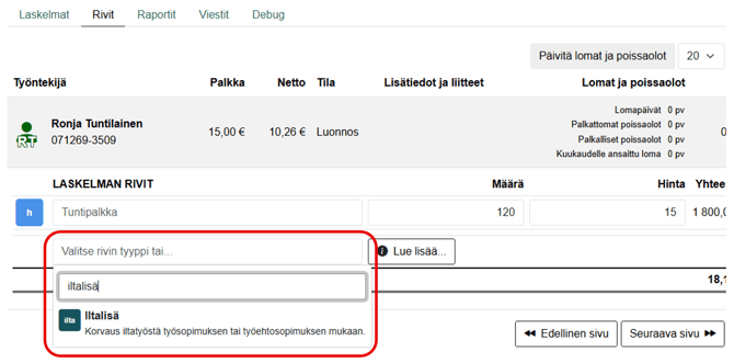 FI Pro Palkat - Palkkalista - Muokkaustila - Iltalisä