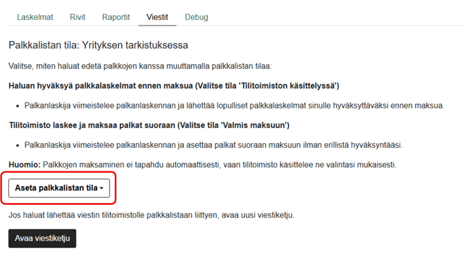 FI Pro Palkat - Viestit - Aseta palkkalistan tila