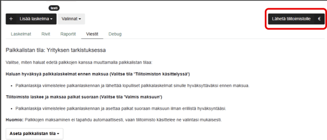 FI Pro Palkat - Viestit - Lähetä tilitoimistolle