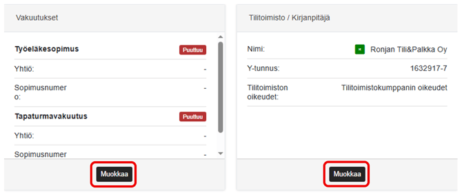 FI Pro Palkat Palkanlaskija - Asetukset - Vakuutukset ja Tilitoimisto