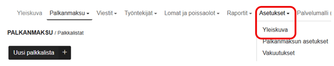 FI Pro Palkat Palkanlaskija - Asetukset - Yleiskuva