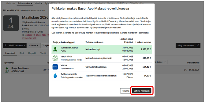 FI Pro Palkat Palkanlaskija - Palkanmaksu - Palkkalista - Muokkaa - Lähetä maksuun