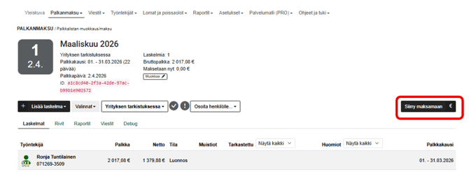 FI Pro Palkat Palkanlaskija - Palkanmaksu - Palkkalista - Muokkaa - Siirry maksamaan
