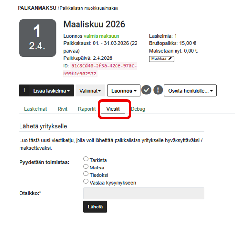 FI Pro Palkat Palkanlaskija - Palkanmaksu - Palkkalista - Muokkaa - Viestit