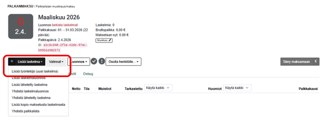 FI Pro Palkat Palkanlaskija - Palkanmaksu - Uusi palkkalista - Lisää laskelma