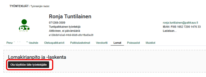 FI Pro Palkat Palkanlaskija - Työntekijät - Lomat - Ota käyttöön tälle työntekijälle