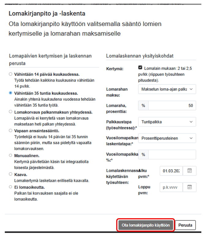 FI Pro Palkat Palkanlaskija - Työntekijät - Lomat - Ota lomakirjanpito käyttöön